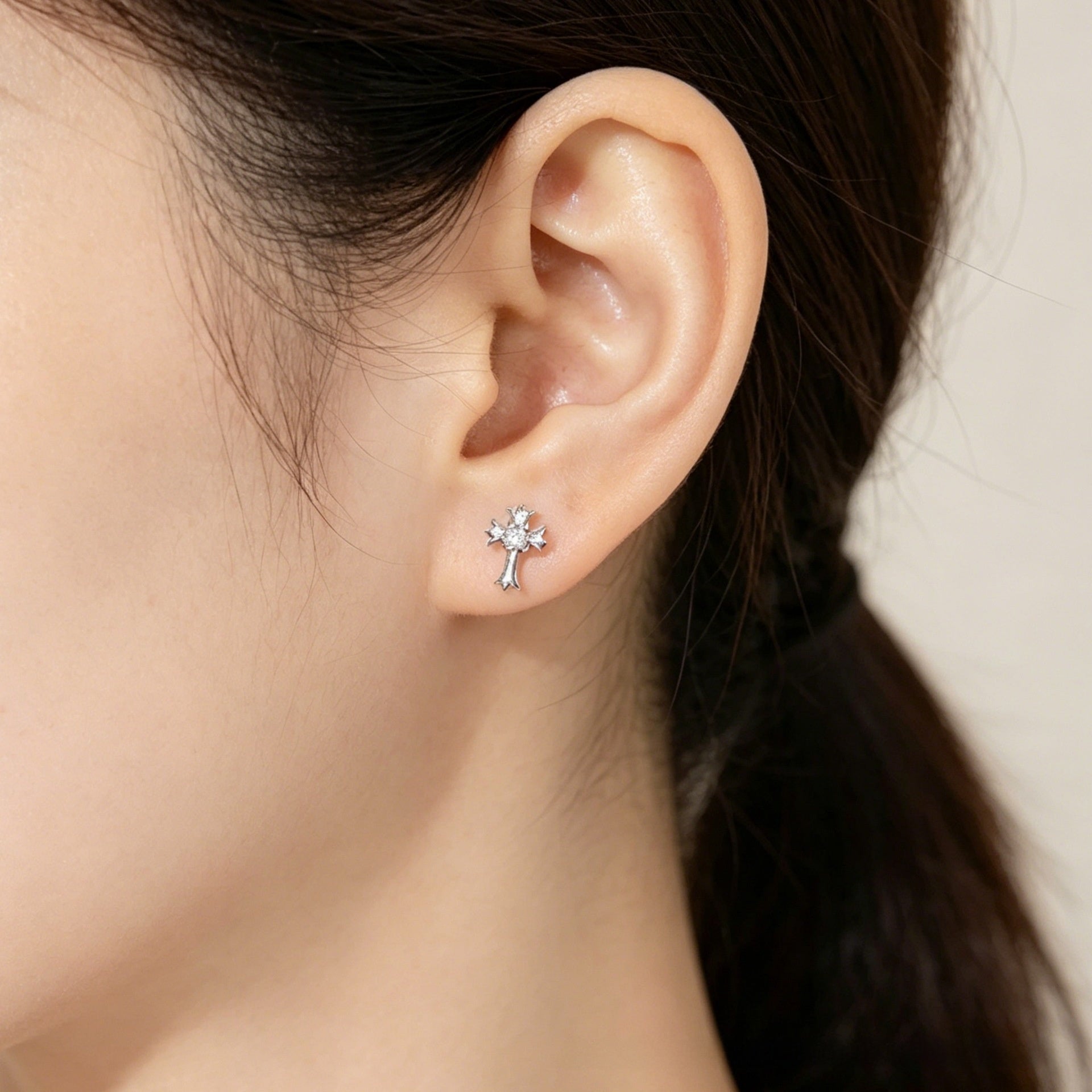 Cross Ear Cartilage Rings & Studs In Copper With Zircon Inlay, Electroplated, Featuring Titanium Steel Posts, Simple Style For Women