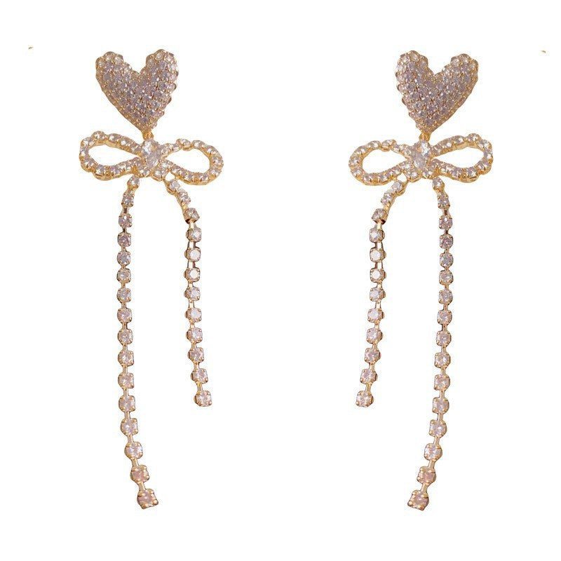 Heart Shape Tassel Drop Earrings For Women With Copper Ear Pins And Real Gold Plated Finish Featuring Zircon Inlay