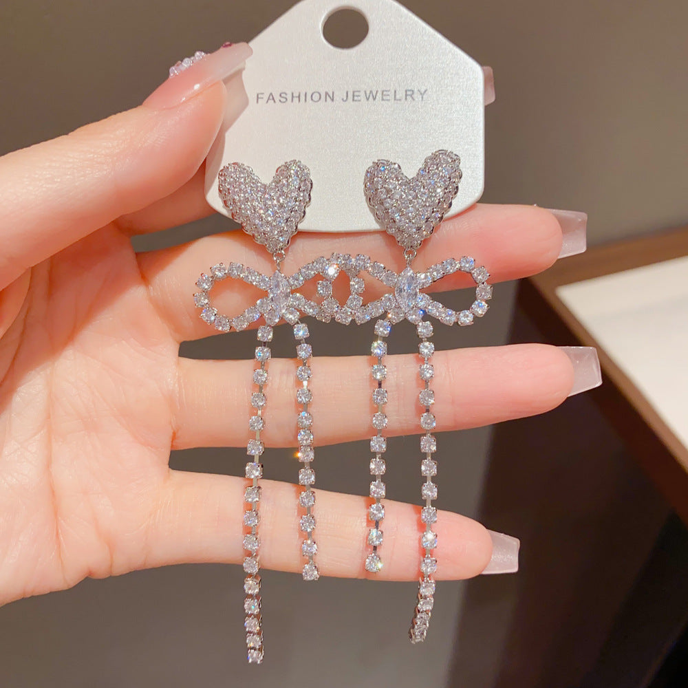 Heart Shape Tassel Drop Earrings For Women With Copper Ear Pins And Real Gold Plated Finish Featuring Zircon Inlay