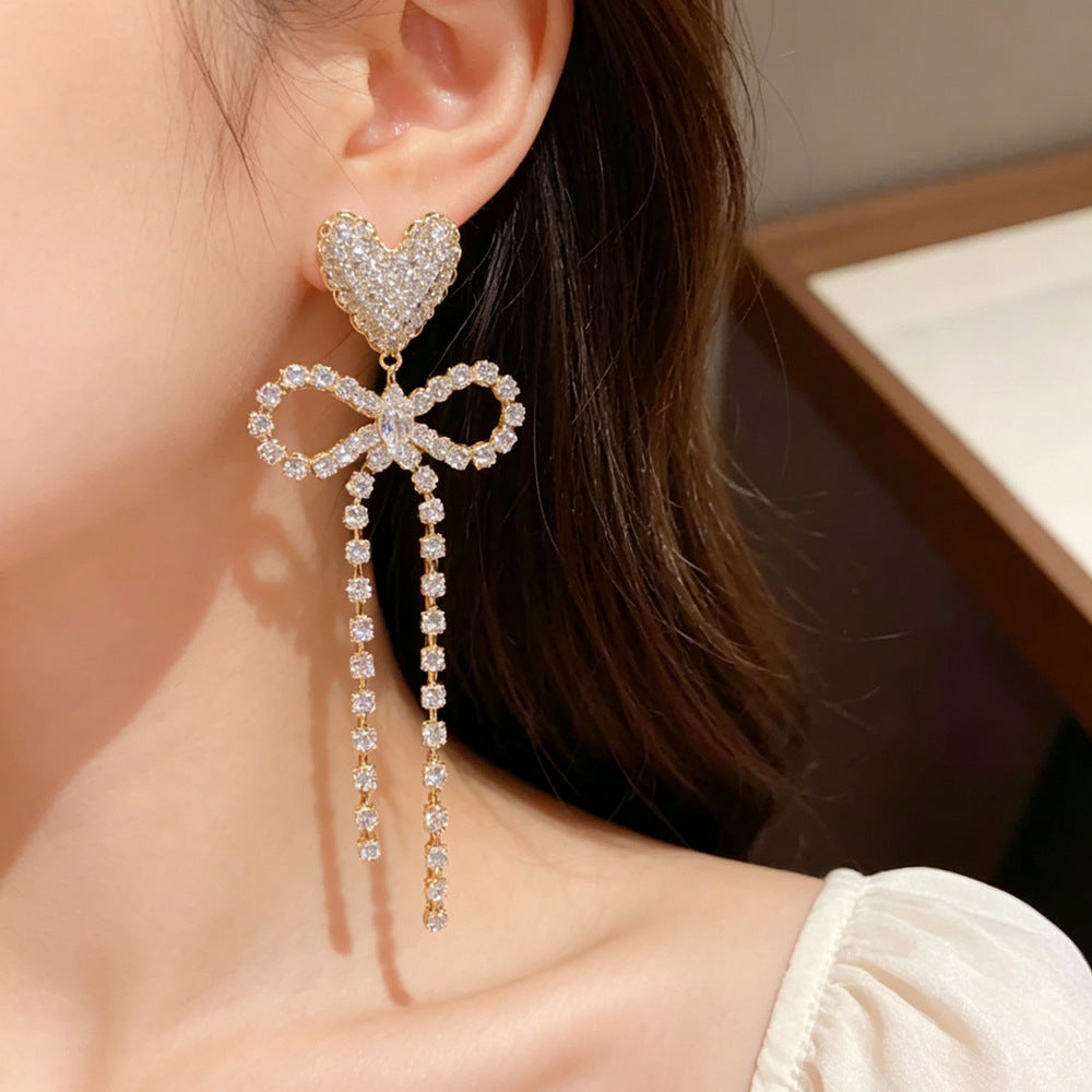 Heart Shape Tassel Drop Earrings For Women With Copper Ear Pins And Real Gold Plated Finish Featuring Zircon Inlay