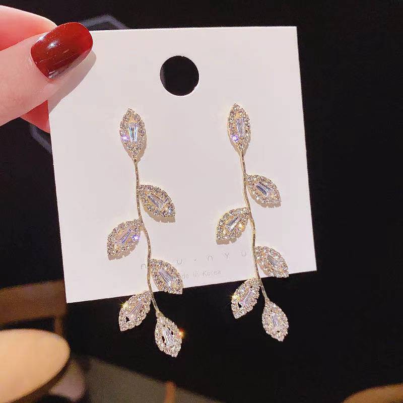 Gold Leaves Tassel Drop Earrings For Women With Copper Ear Pins Featuring Rhinestones And Zircon Inlay