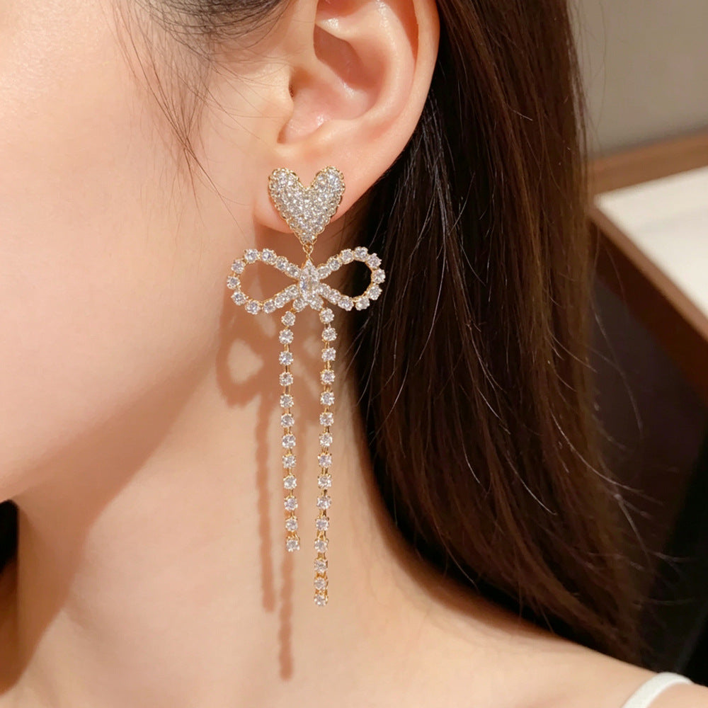 Heart Shape Tassel Drop Earrings For Women With Copper Ear Pins And Real Gold Plated Finish Featuring Zircon Inlay
