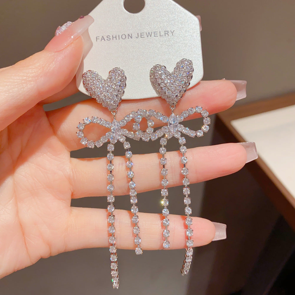 Heart Shape Tassel Drop Earrings For Women With Copper Ear Pins And Real Gold Plated Finish Featuring Zircon Inlay