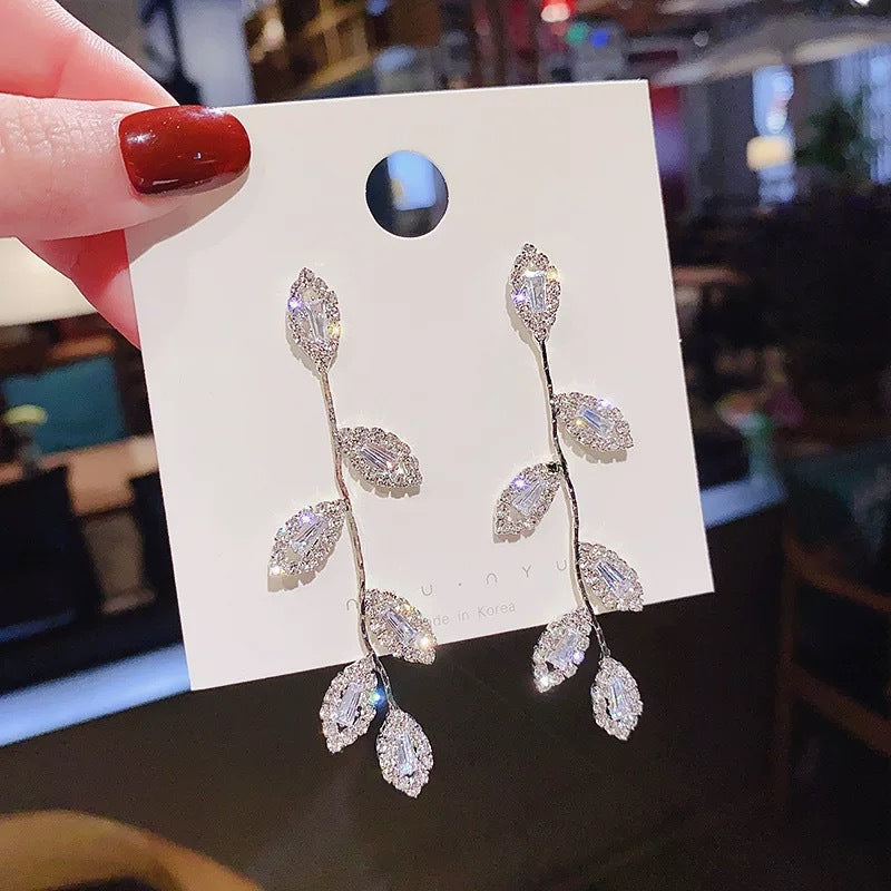 Gold Leaves Tassel Drop Earrings For Women With Copper Ear Pins Featuring Rhinestones And Zircon Inlay