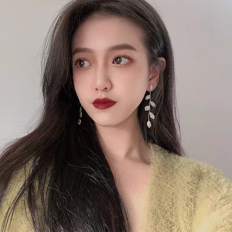Gold Leaves Tassel Drop Earrings For Women With Copper Ear Pins Featuring Rhinestones And Zircon Inlay