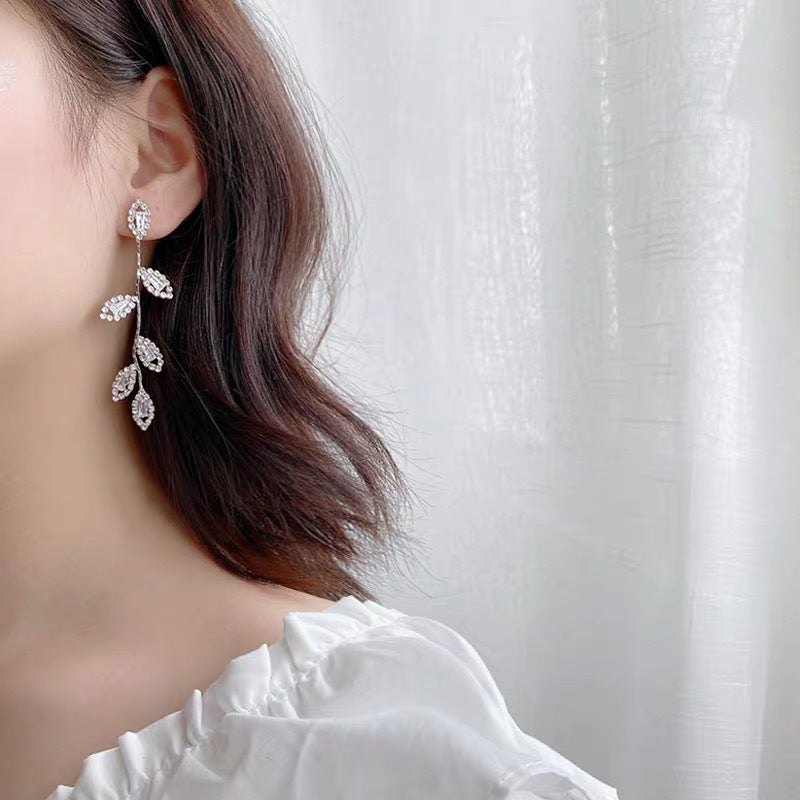 Gold Leaves Tassel Drop Earrings For Women With Copper Ear Pins Featuring Rhinestones And Zircon Inlay