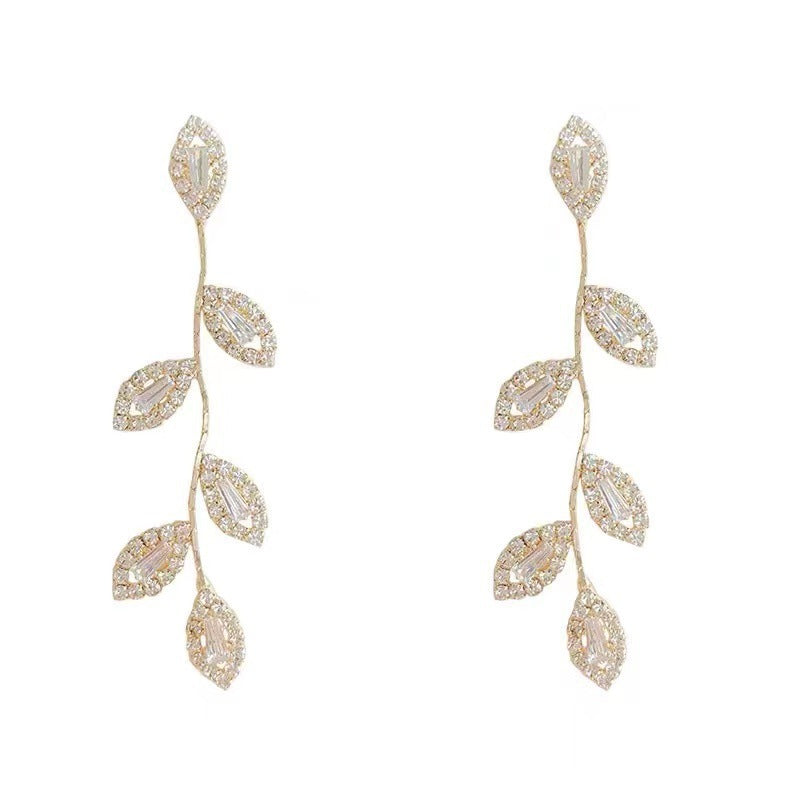 Gold Leaves Tassel Drop Earrings For Women With Copper Ear Pins Featuring Rhinestones And Zircon Inlay