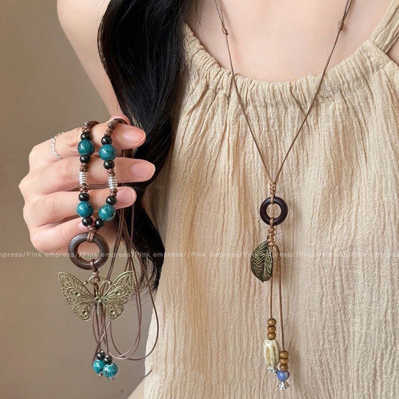 Bohemian Butterfly Long Necklace For Women With Bronze Beading And Woven Chain Craft