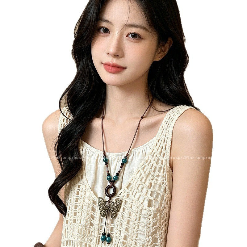 Bohemian Butterfly Long Necklace For Women With Bronze Beading And Woven Chain Craft