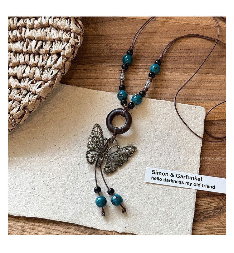 Bohemian Butterfly Long Necklace For Women With Bronze Beading And Woven Chain Craft