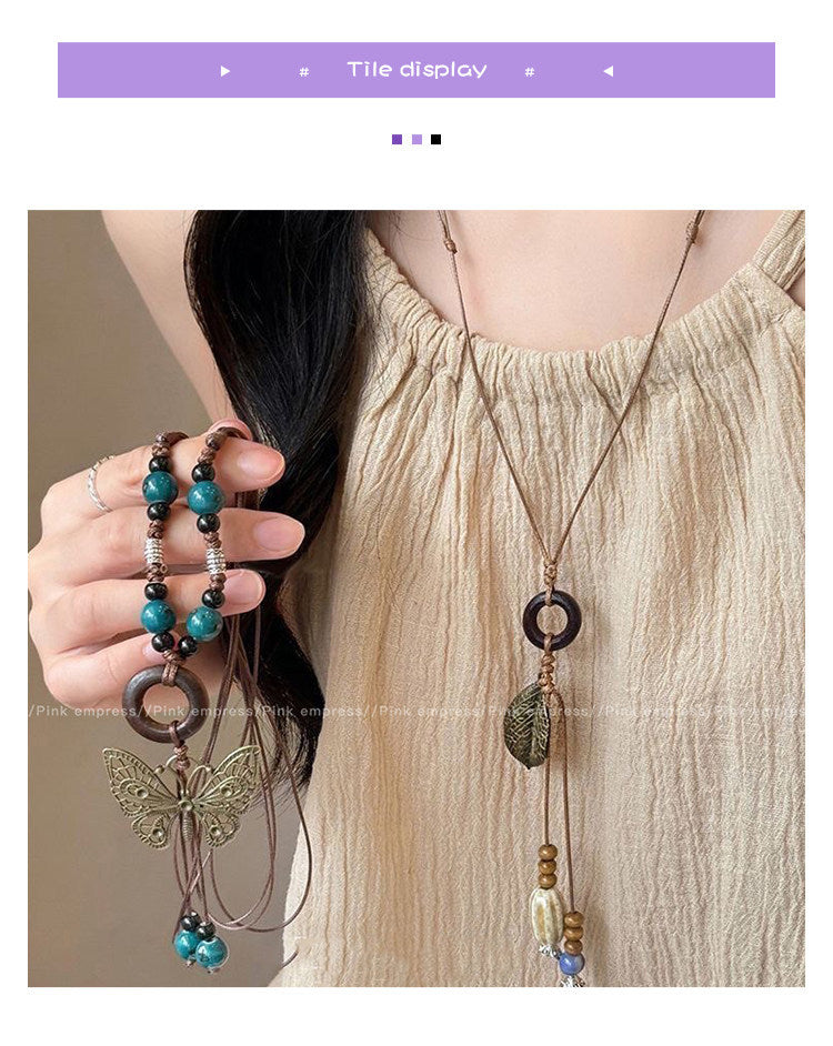 Bohemian Butterfly Long Necklace For Women With Bronze Beading And Woven Chain Craft