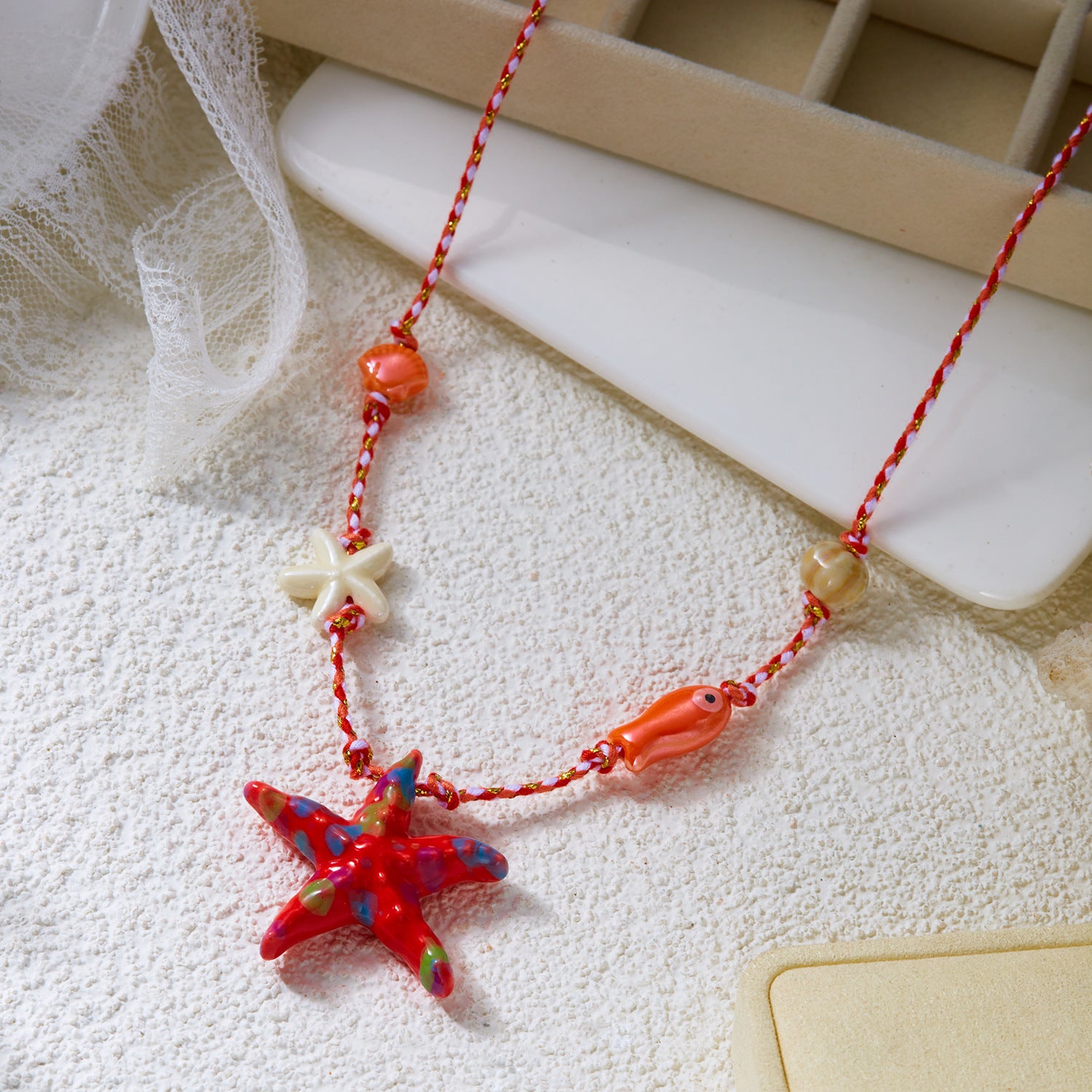 Bohemian Fish Choker Necklace For Unisex Featuring Red Braid Rope Cord String With Ceramic Pendant