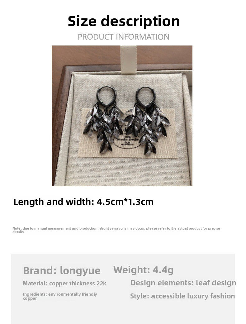 Gothic Feather Tassel Drop Earrings For Women In Dyed Black Copper With Zircon Inlay