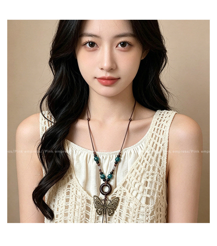 Bohemian Butterfly Long Necklace For Women With Bronze Beading And Woven Chain Craft