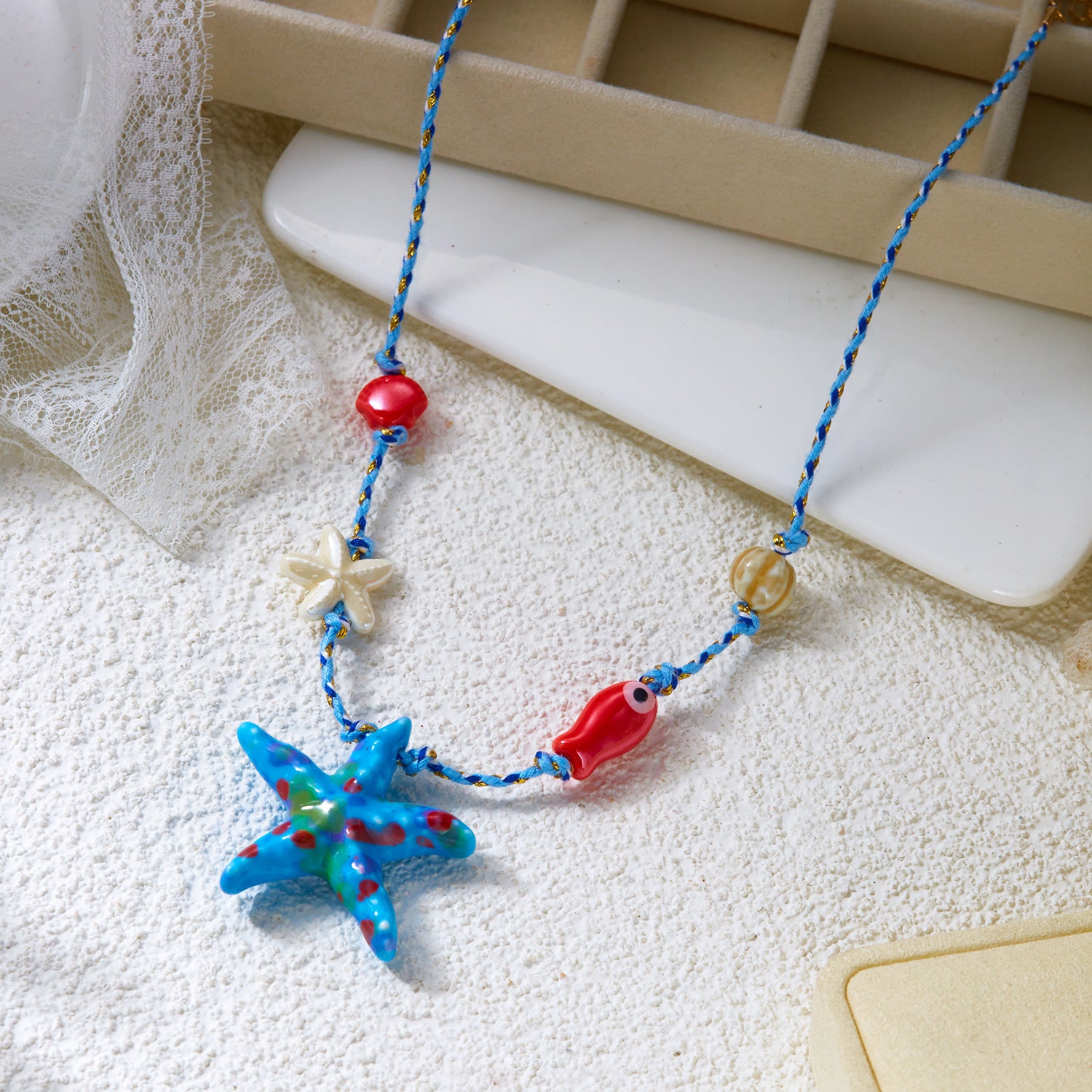 Bohemian Fish Choker Necklace For Unisex Featuring Red Braid Rope Cord String With Ceramic Pendant