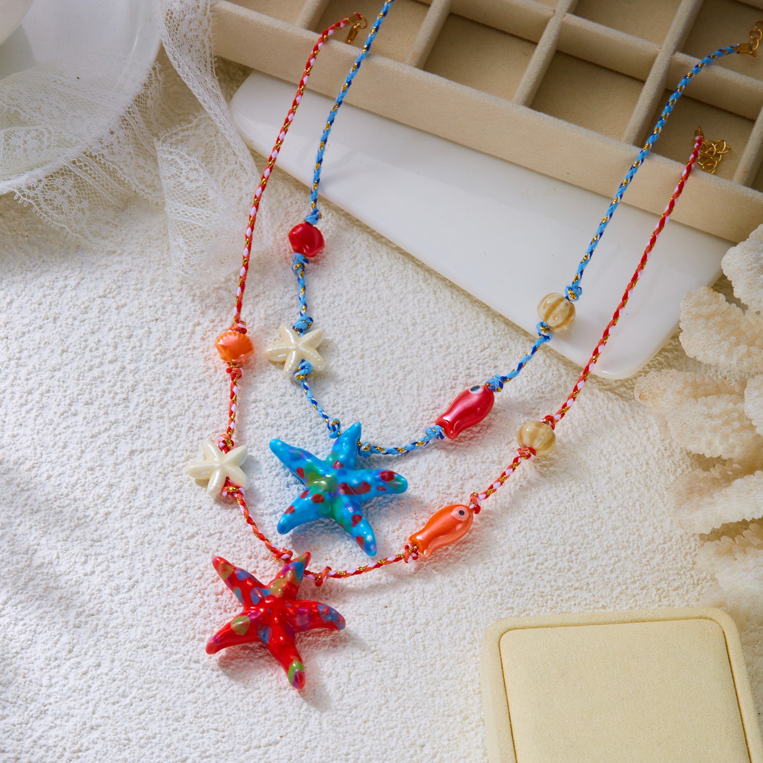 Bohemian Fish Choker Necklace For Unisex Featuring Red Braid Rope Cord String With Ceramic Pendant