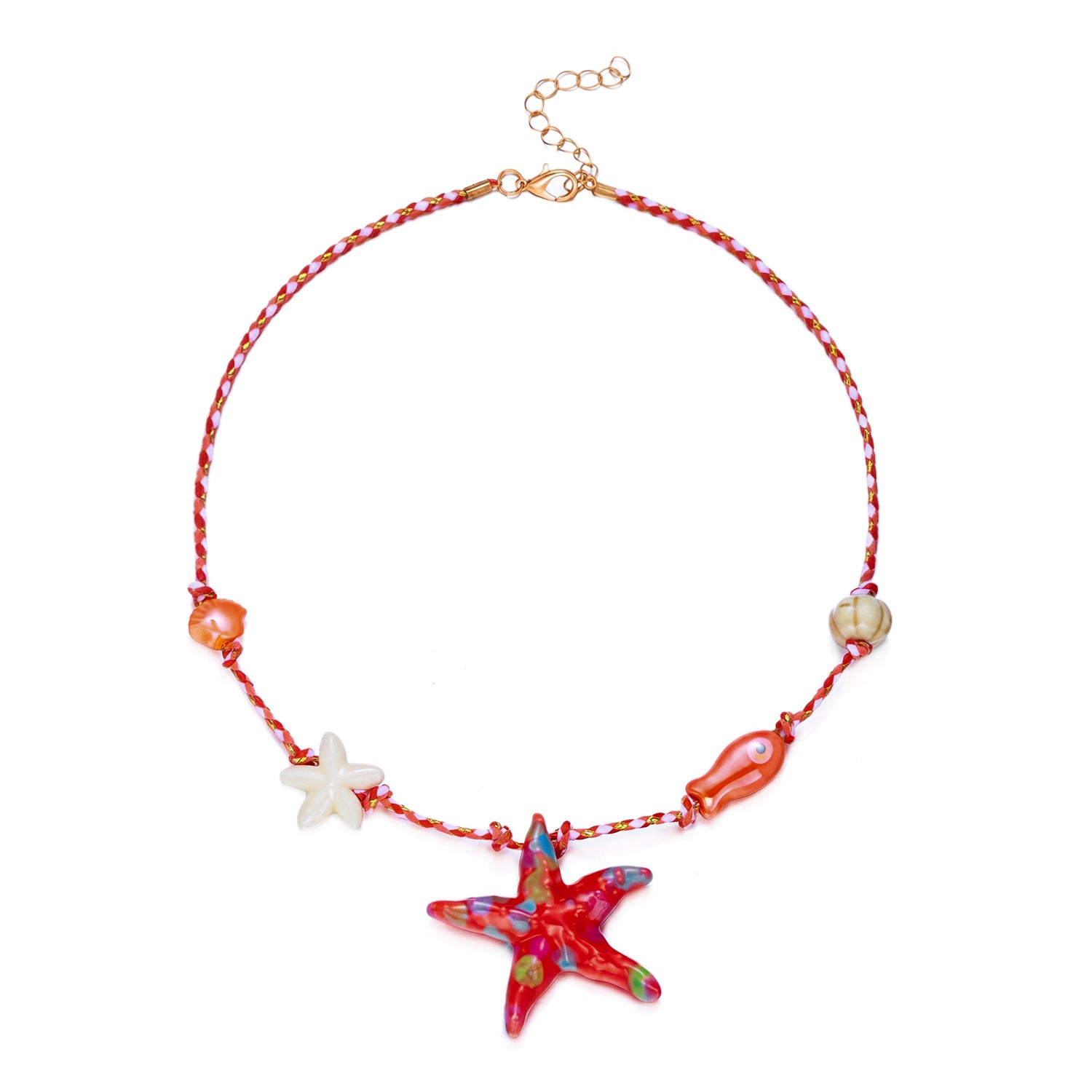 Bohemian Fish Choker Necklace For Unisex Featuring Red Braid Rope Cord String With Ceramic Pendant