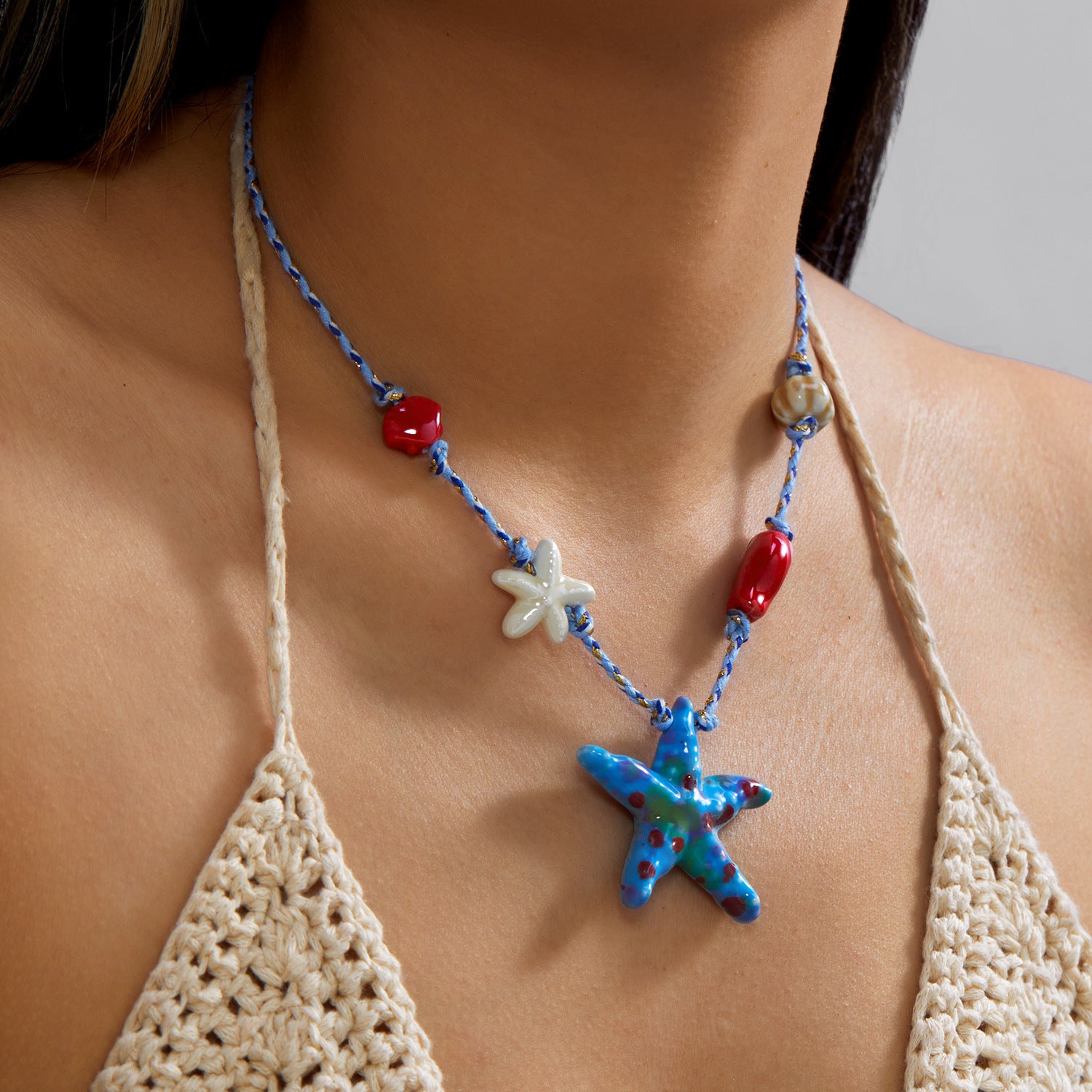 Bohemian Fish Choker Necklace For Unisex Featuring Red Braid Rope Cord String With Ceramic Pendant