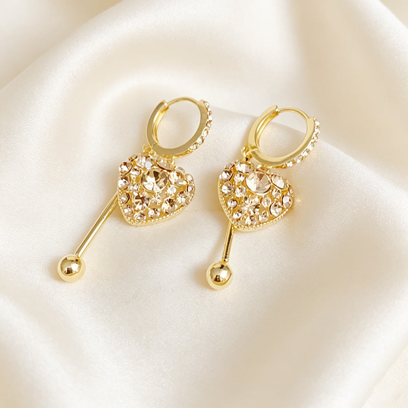 Heart Shape Tassel Earrings For Women In Gold With Rhinestones, 1 Pair Featuring Copper Ear Pins