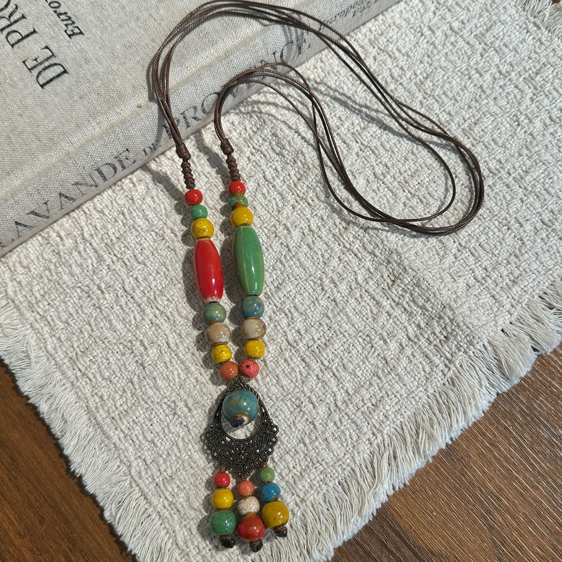 Bohemian Ceramic Beaded Sweater Chain Necklace For Women In Colour