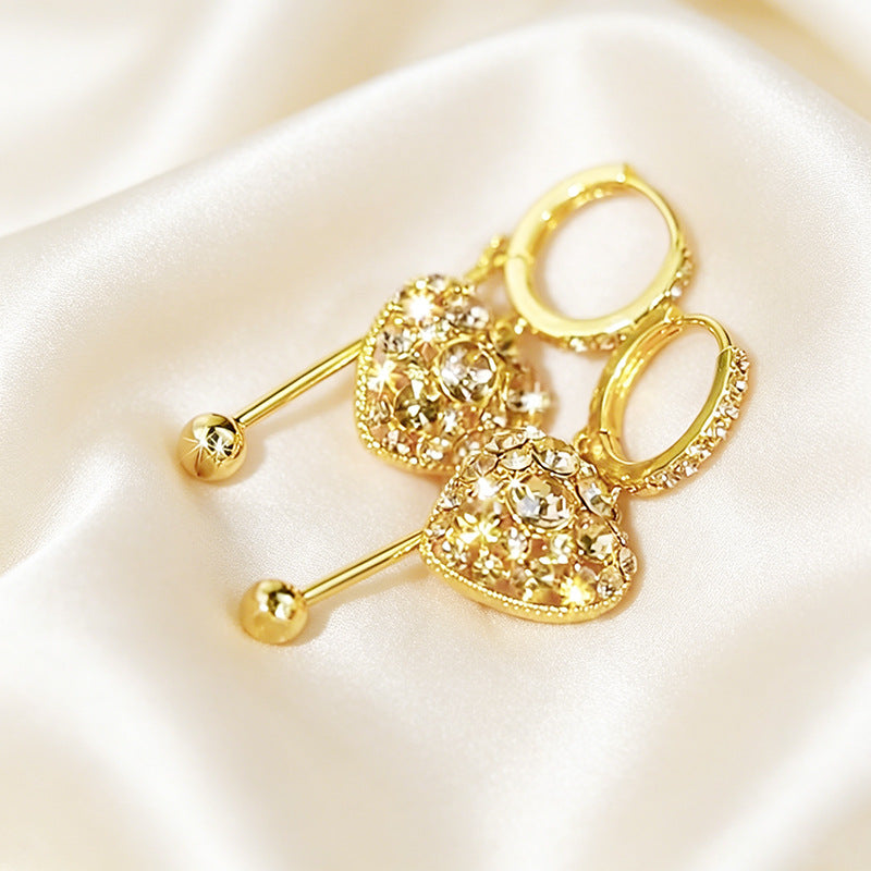 Heart Shape Tassel Earrings For Women In Gold With Rhinestones, 1 Pair Featuring Copper Ear Pins