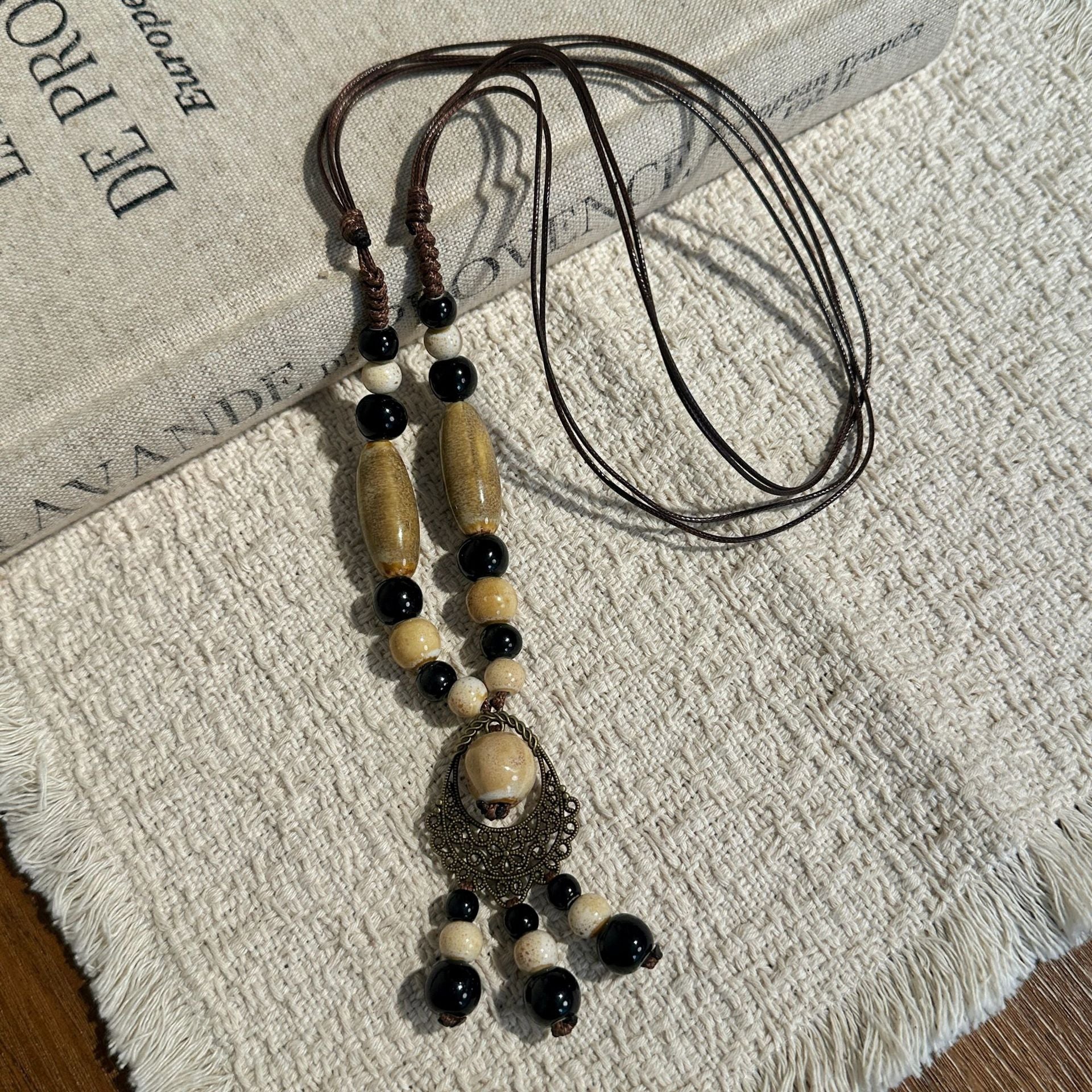 Bohemian Ceramic Beaded Sweater Chain Necklace For Women In Colour
