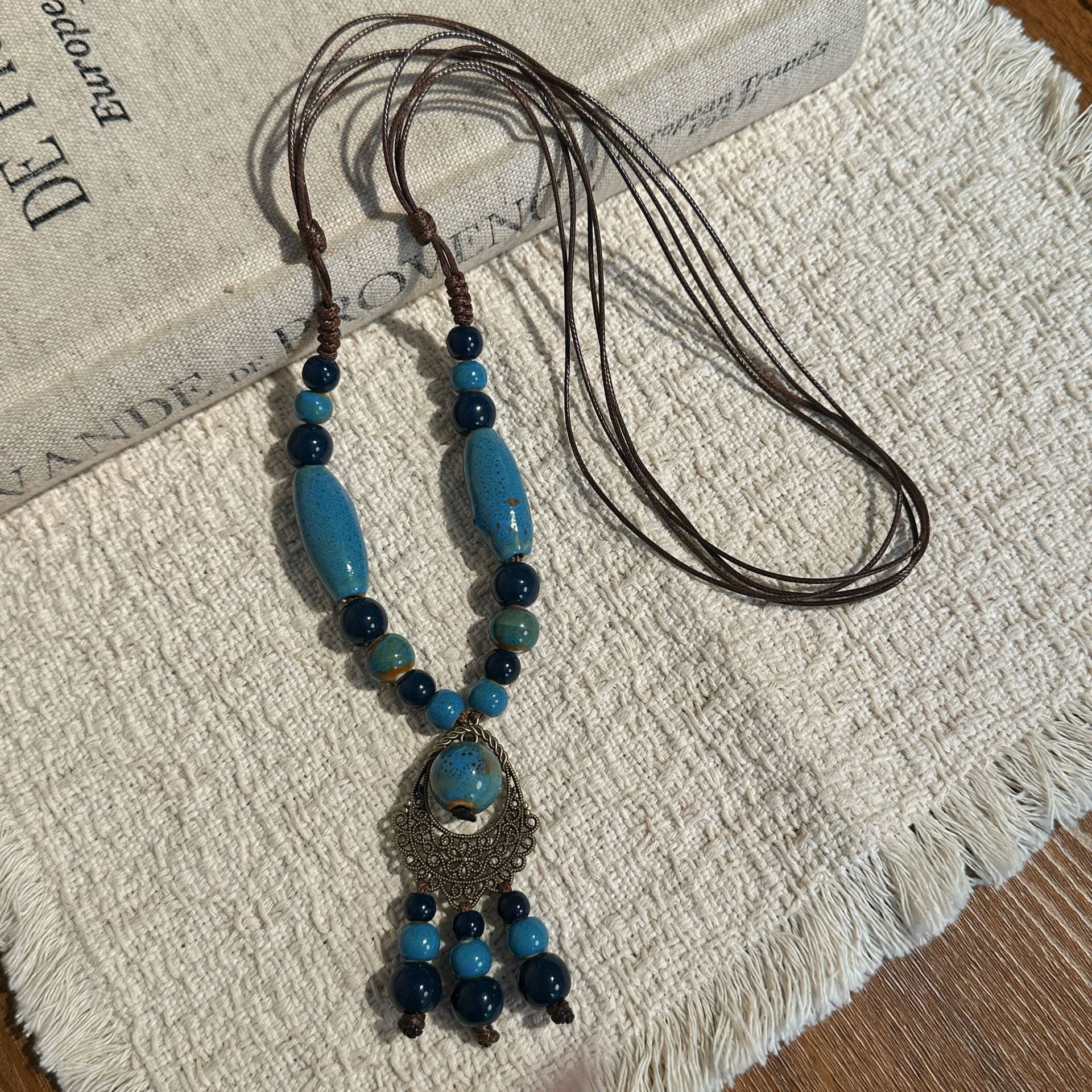 Bohemian Ceramic Beaded Sweater Chain Necklace For Women In Colour