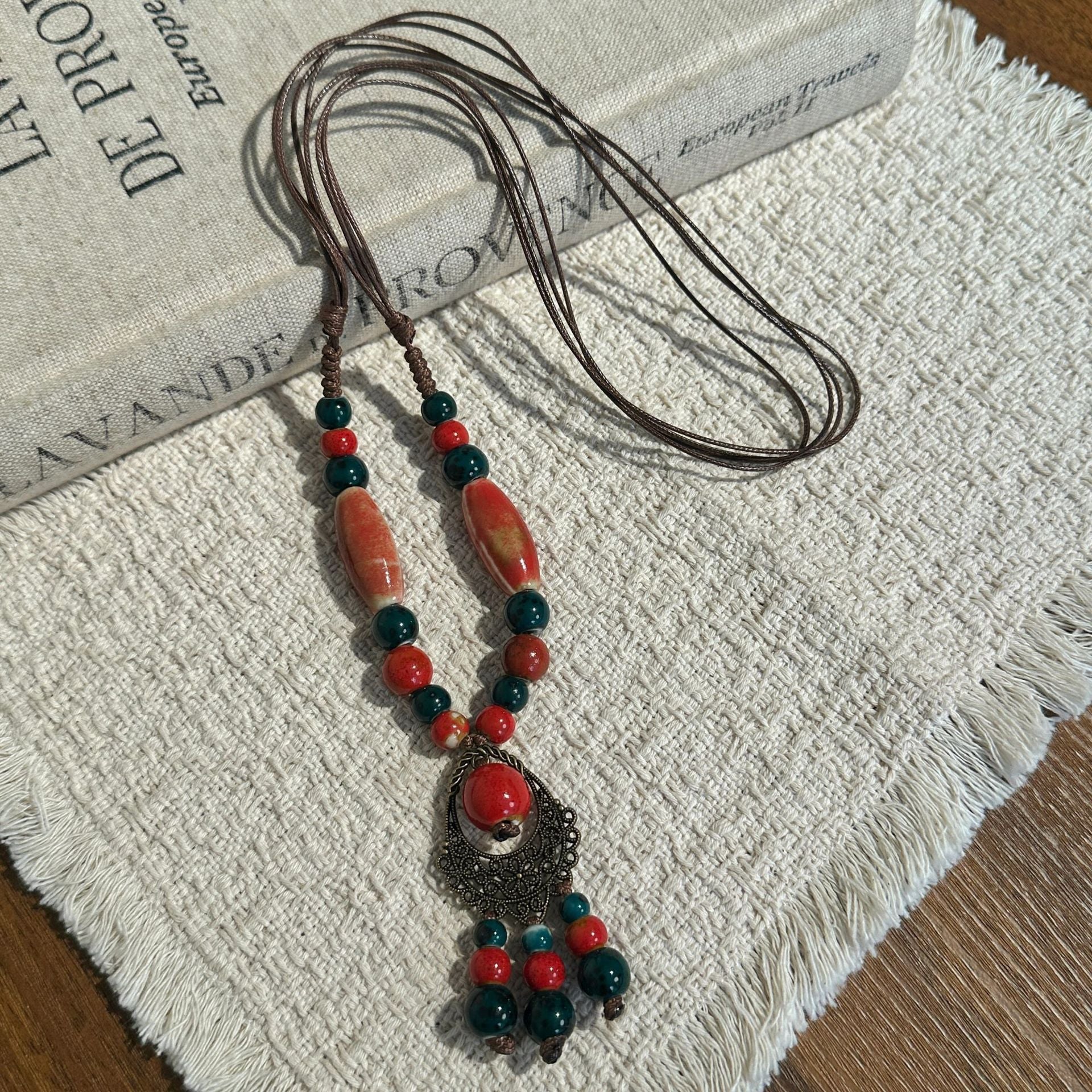 Bohemian Ceramic Beaded Sweater Chain Necklace For Women In Colour