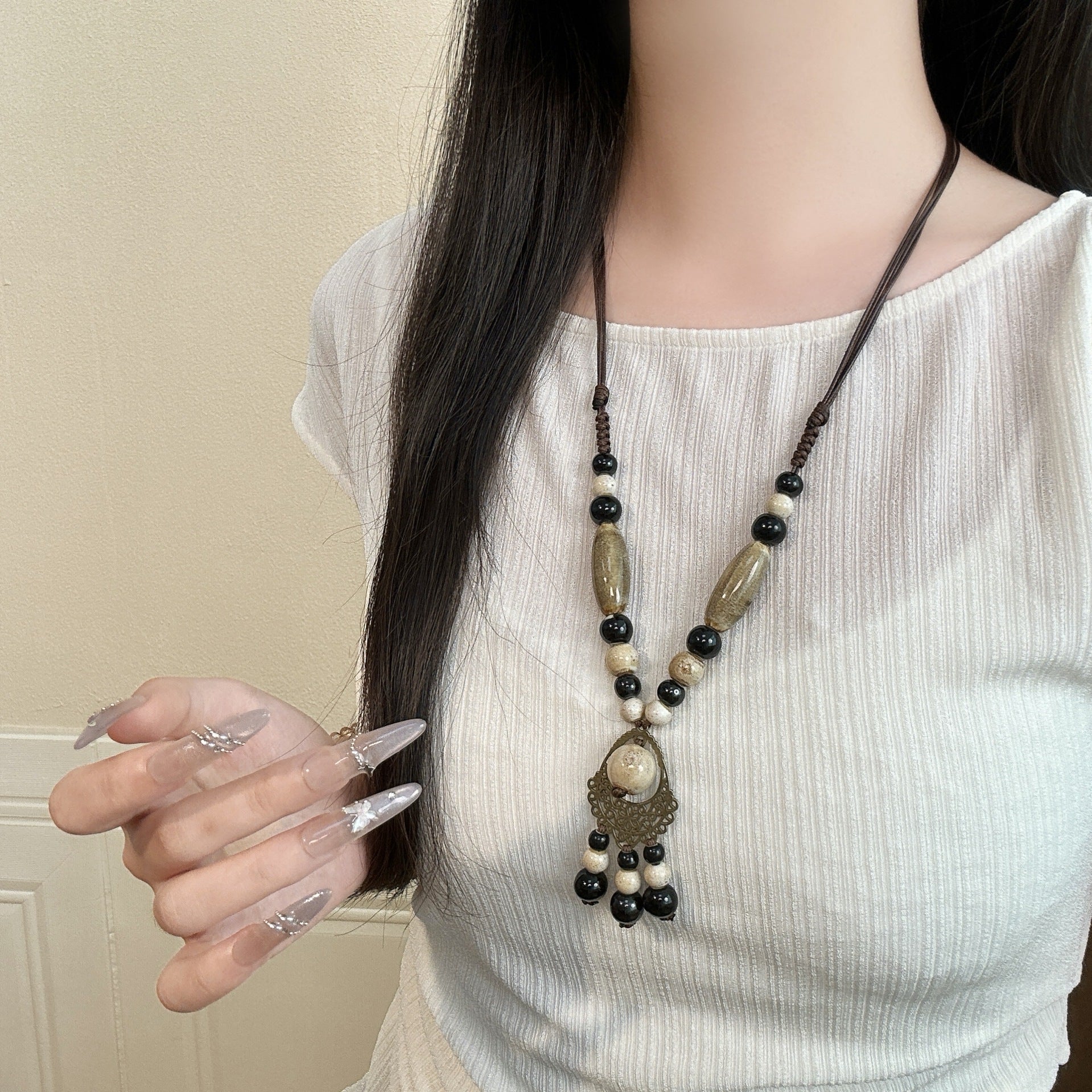 Bohemian Ceramic Beaded Sweater Chain Necklace For Women In Colour