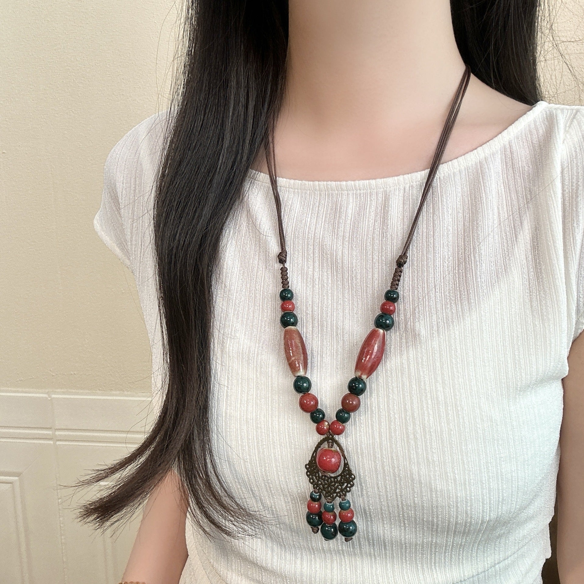 Bohemian Ceramic Beaded Sweater Chain Necklace For Women In Colour
