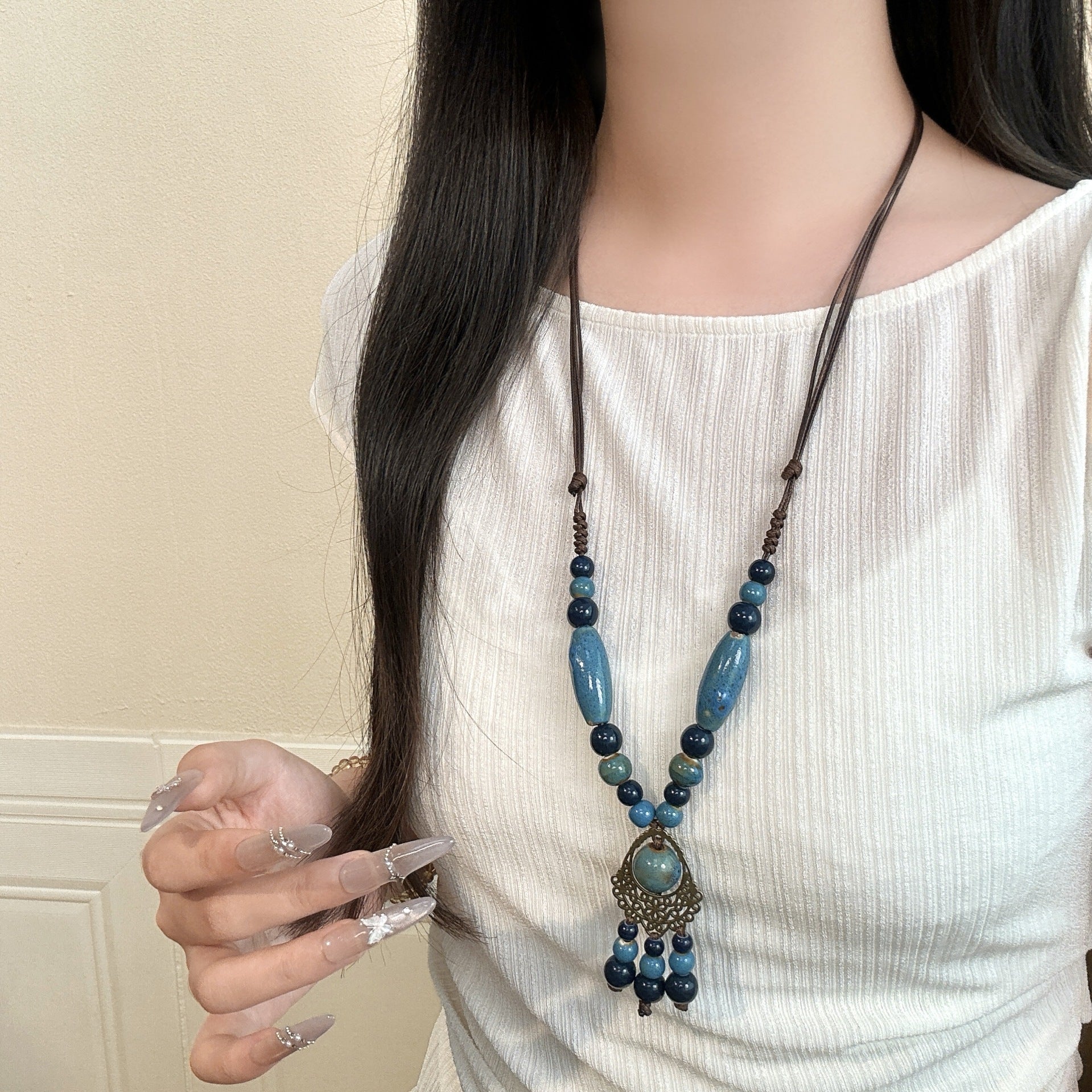 Bohemian Ceramic Beaded Sweater Chain Necklace For Women In Colour