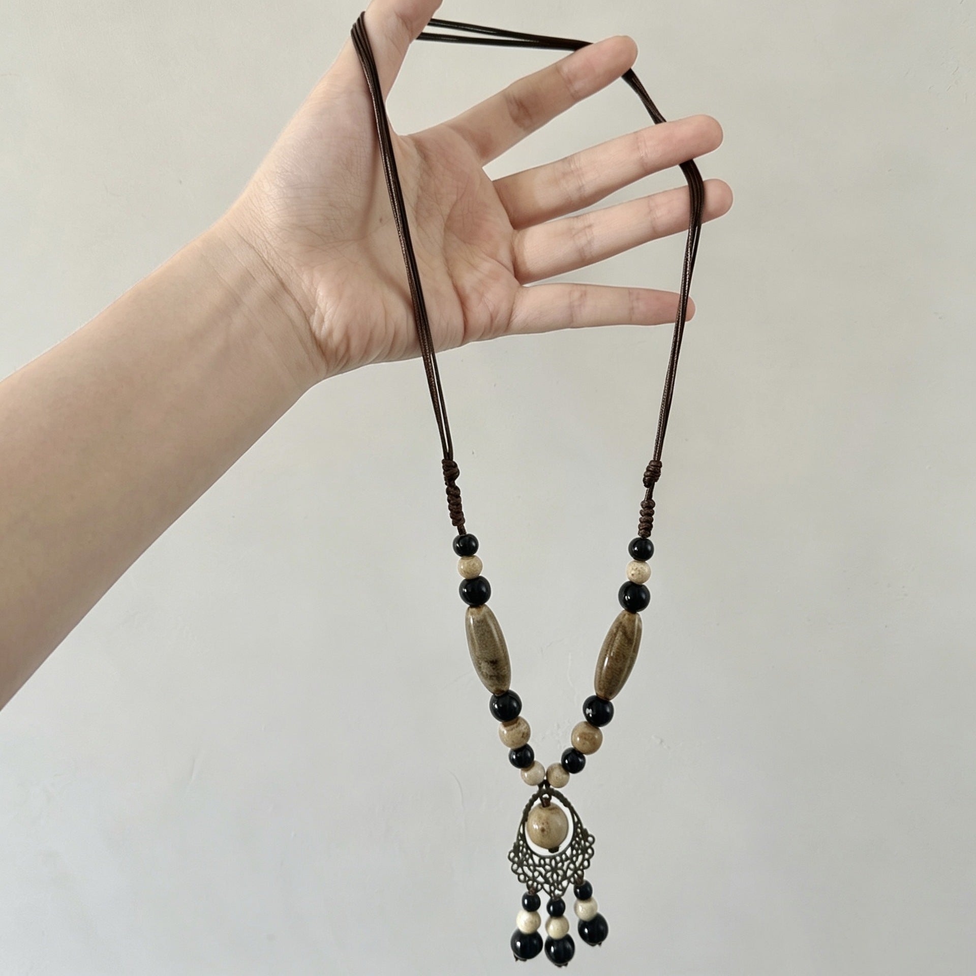 Bohemian Ceramic Beaded Sweater Chain Necklace For Women In Colour