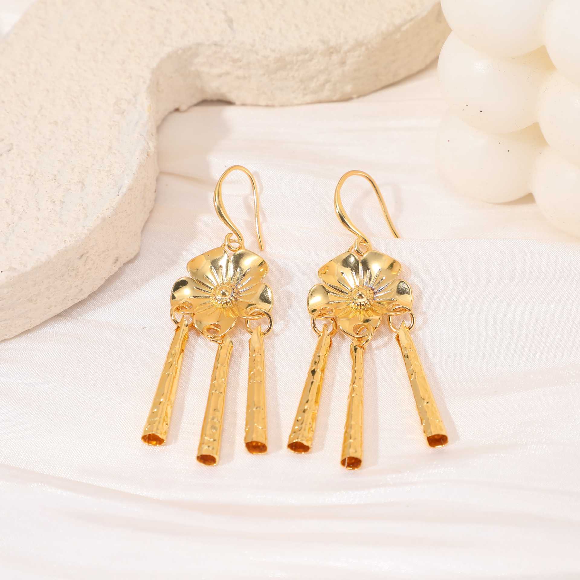 Gold Tassel Flowers Ear Hook Earrings For Women Featuring Copper Ear Pins