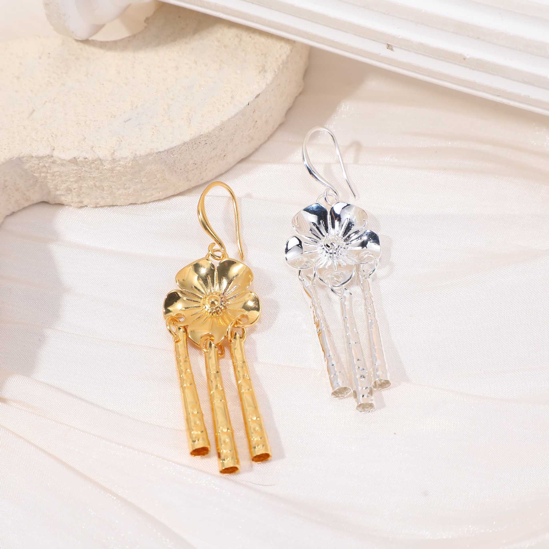 Gold Tassel Flowers Ear Hook Earrings For Women Featuring Copper Ear Pins