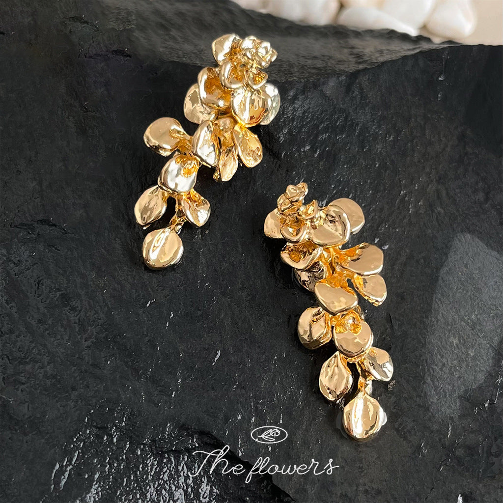Exaggerated Gold Flowers Tassel Earrings For Women With Copper Ear Pins, Metal Craft
