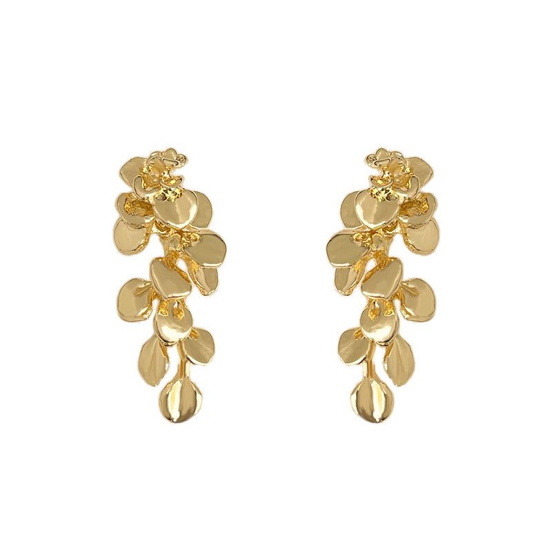 Exaggerated Gold Flowers Tassel Earrings For Women With Copper Ear Pins, Metal Craft