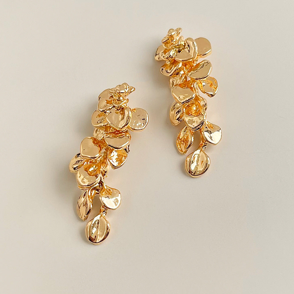 Exaggerated Gold Flowers Tassel Earrings For Women With Copper Ear Pins, Metal Craft