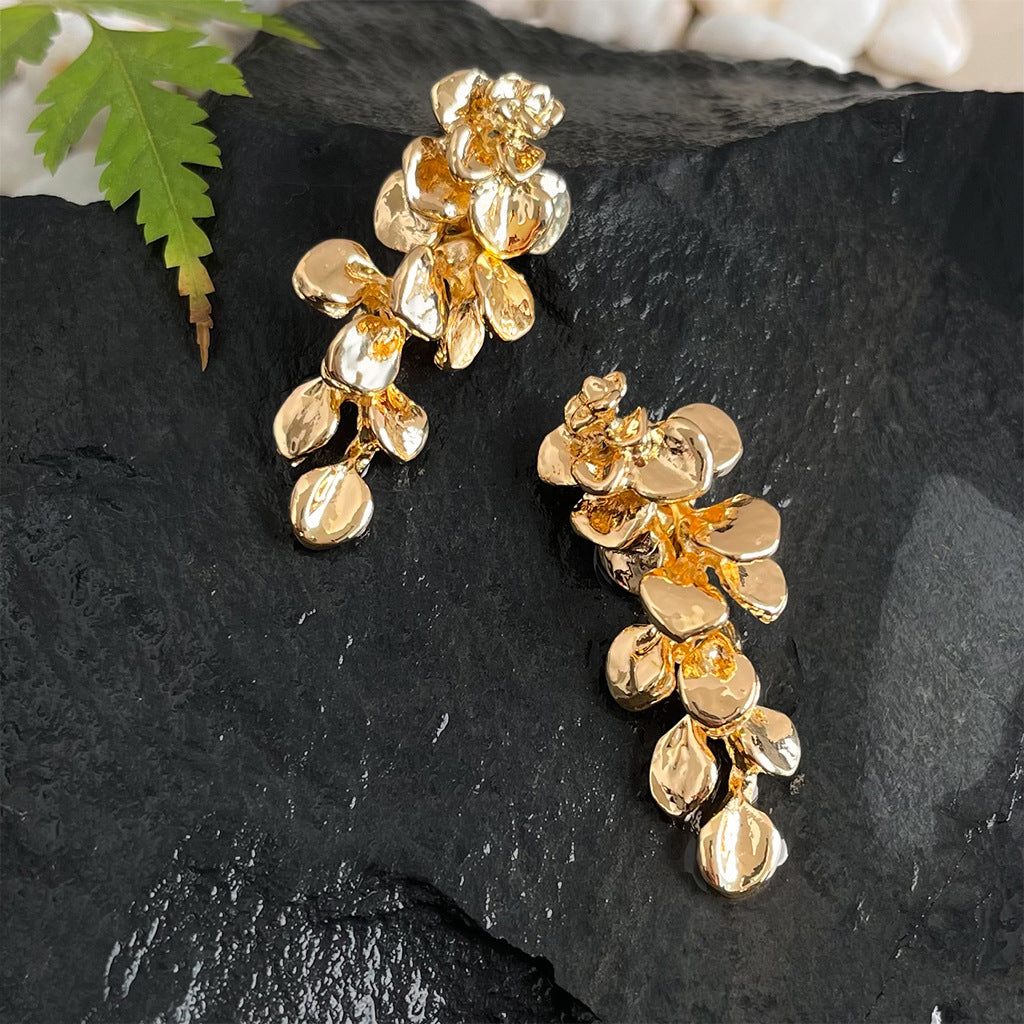 Exaggerated Gold Flowers Tassel Earrings For Women With Copper Ear Pins, Metal Craft