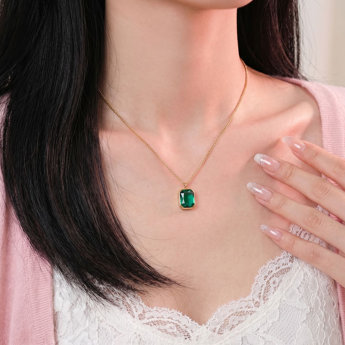 Ocean Gold Pendant Necklace For Women In Titanium Steel With Rhinestones On Cable Chain