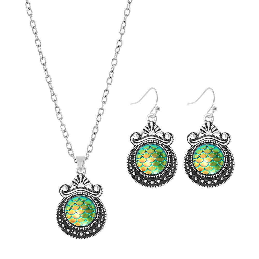 Bohemian Fish Scales Jewelry Set For Women In Antique Silver Plated Alloy With Artificial Rhinestones