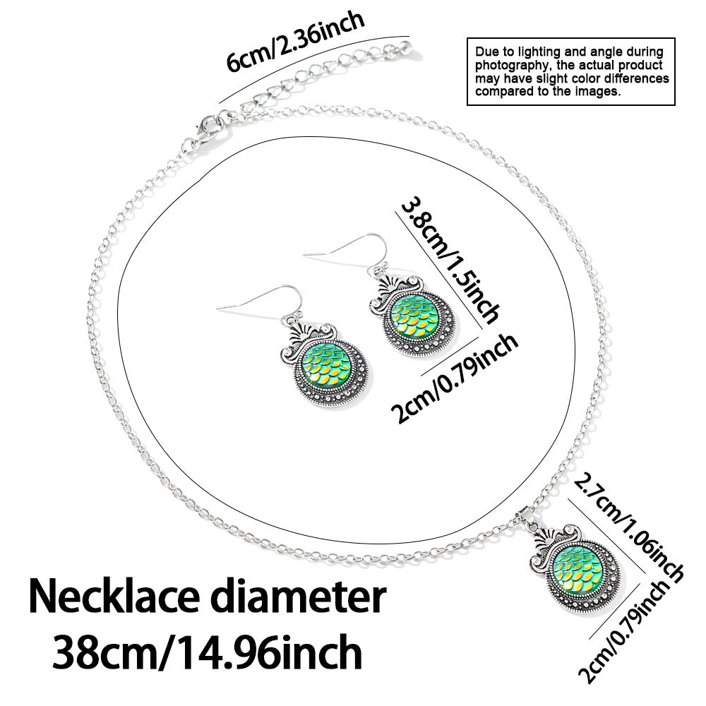 Bohemian Fish Scales Jewelry Set For Women In Antique Silver Plated Alloy With Artificial Rhinestones