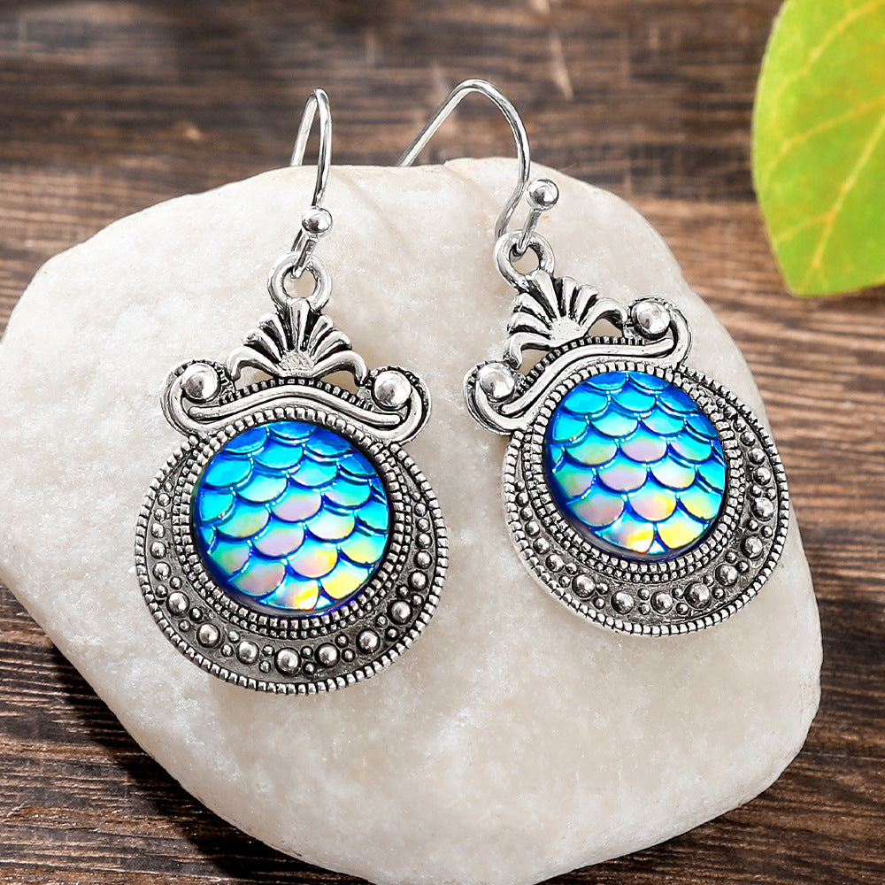 Bohemian Fish Scales Jewelry Set For Women In Antique Silver Plated Alloy With Artificial Rhinestones