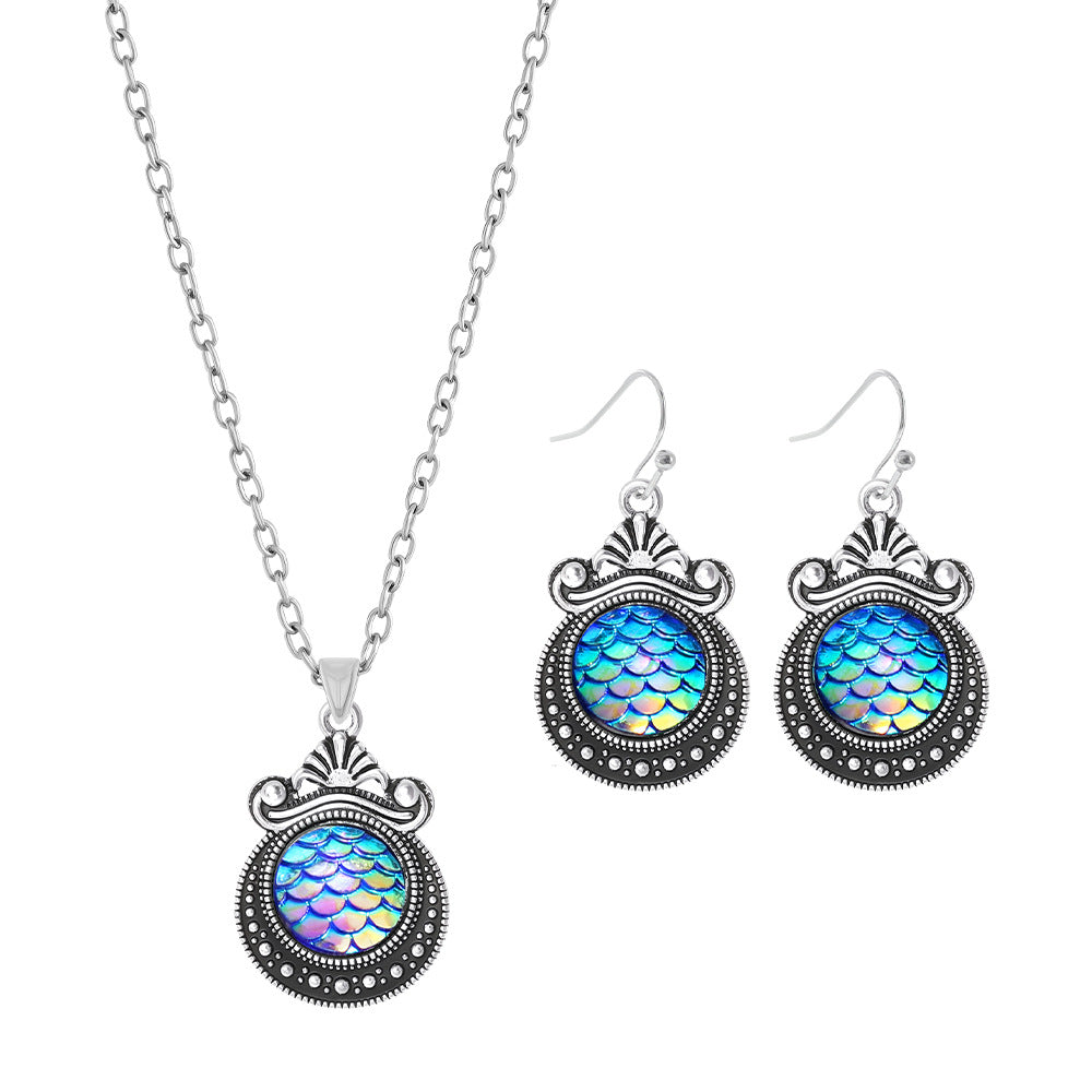 Bohemian Fish Scales Jewelry Set For Women In Antique Silver Plated Alloy With Artificial Rhinestones