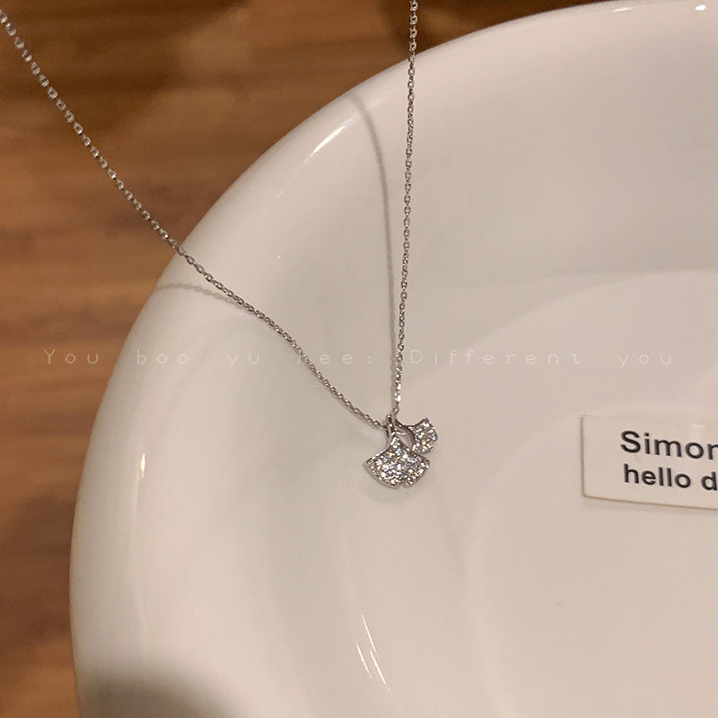Ginkgo Leaf Necklace For Women In Silver, Electroplated With Copper Pendant Featuring Zircon Inlay