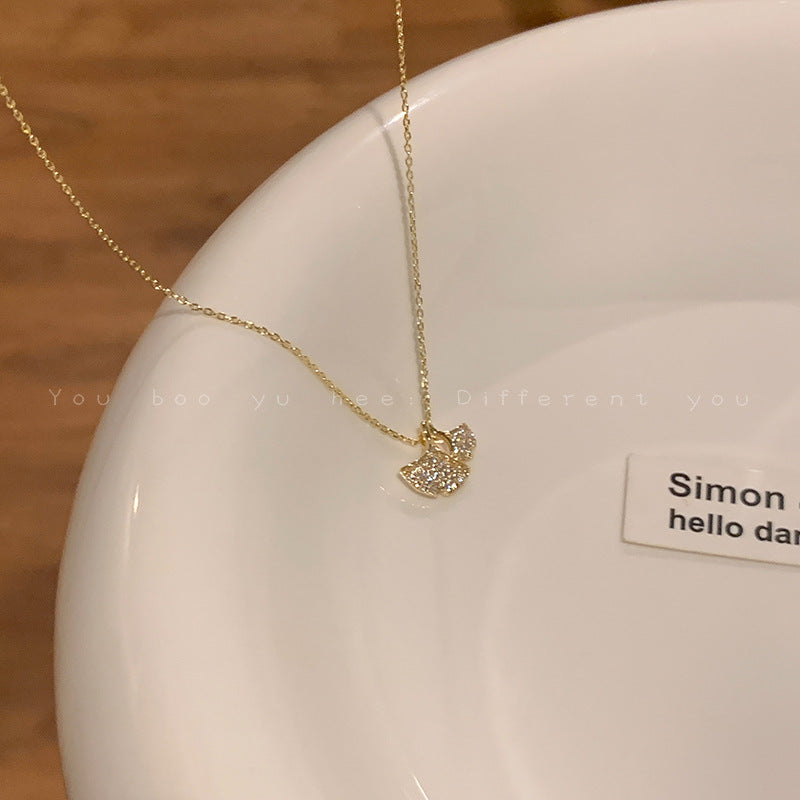 Ginkgo Leaf Necklace For Women In Silver, Electroplated With Copper Pendant Featuring Zircon Inlay