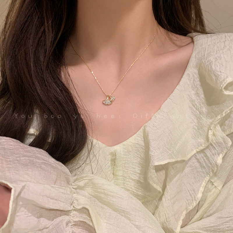 Ginkgo Leaf Necklace For Women In Silver, Electroplated With Copper Pendant Featuring Zircon Inlay