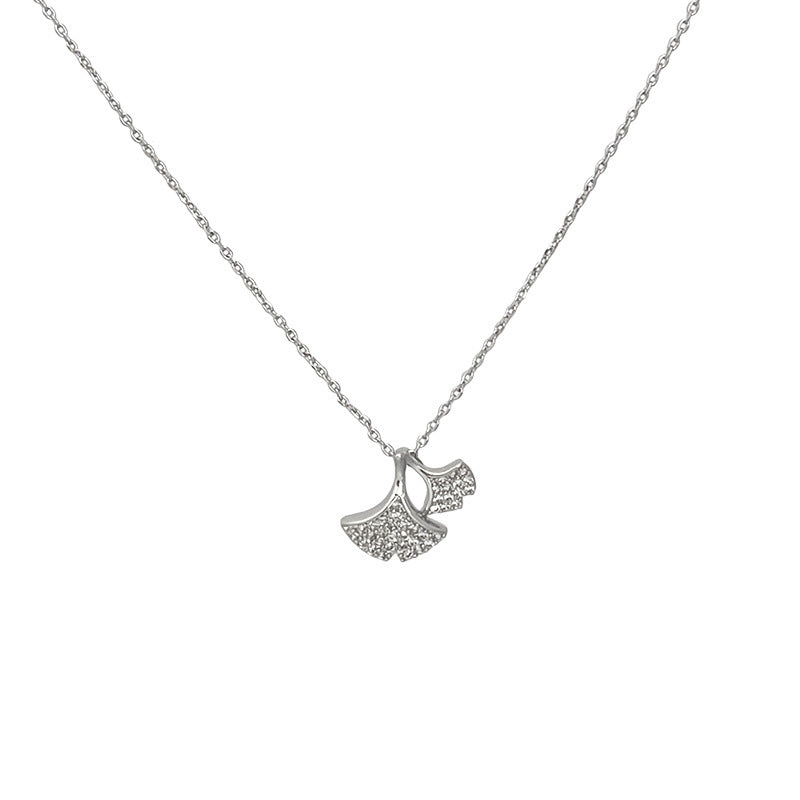Ginkgo Leaf Necklace For Women In Silver, Electroplated With Copper Pendant Featuring Zircon Inlay