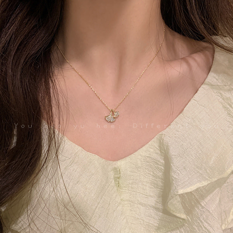 Ginkgo Leaf Necklace For Women In Silver, Electroplated With Copper Pendant Featuring Zircon Inlay