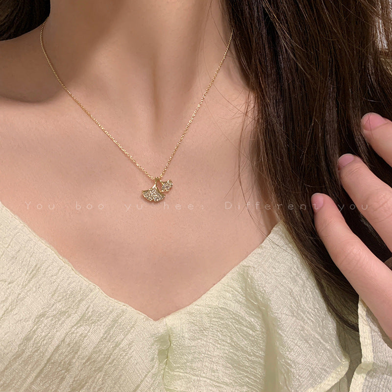 Ginkgo Leaf Necklace For Women In Silver, Electroplated With Copper Pendant Featuring Zircon Inlay