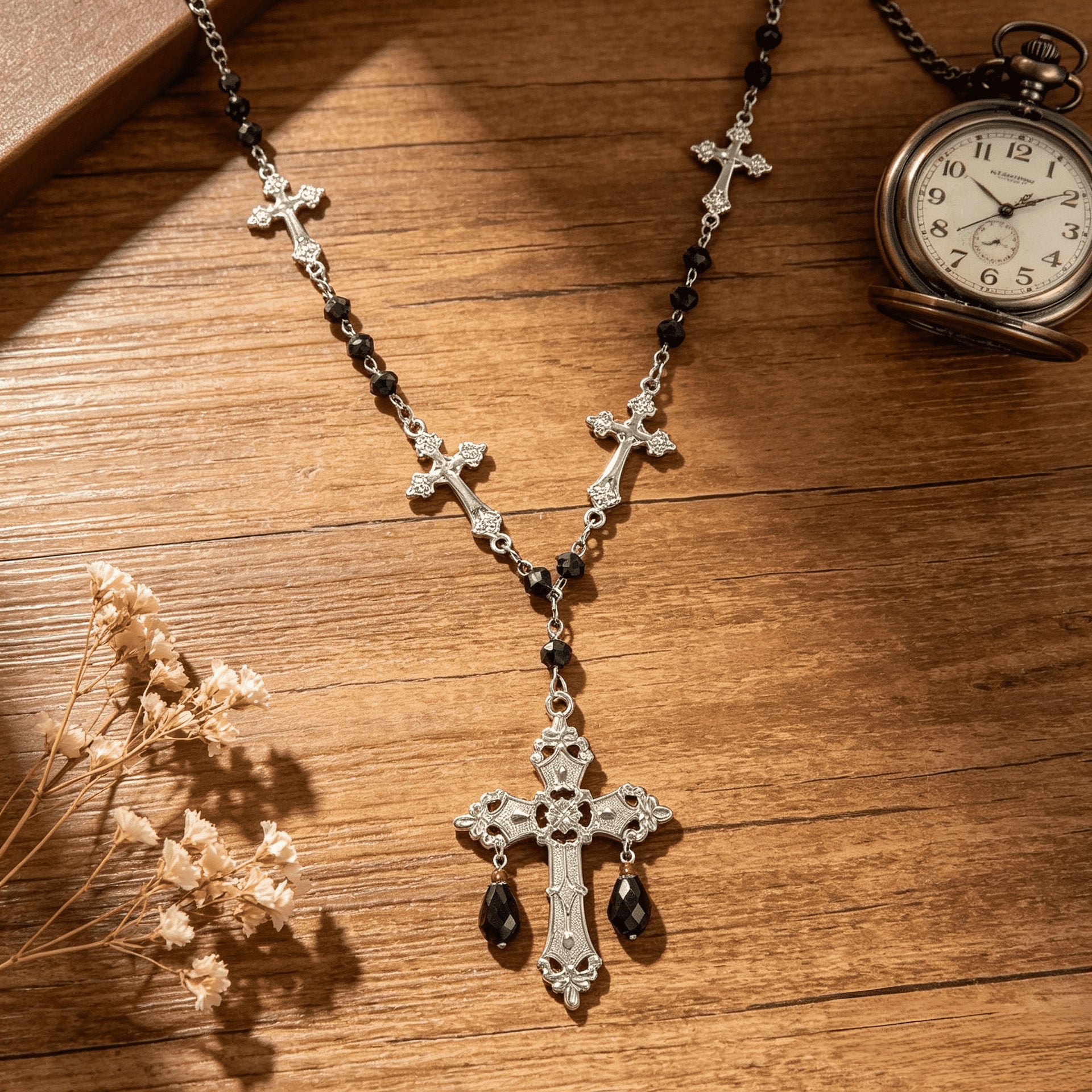 Bohemian Flowers Long Necklace For Women With Beaded Chain, Alloy Material And Crystal Inlay In Colour
